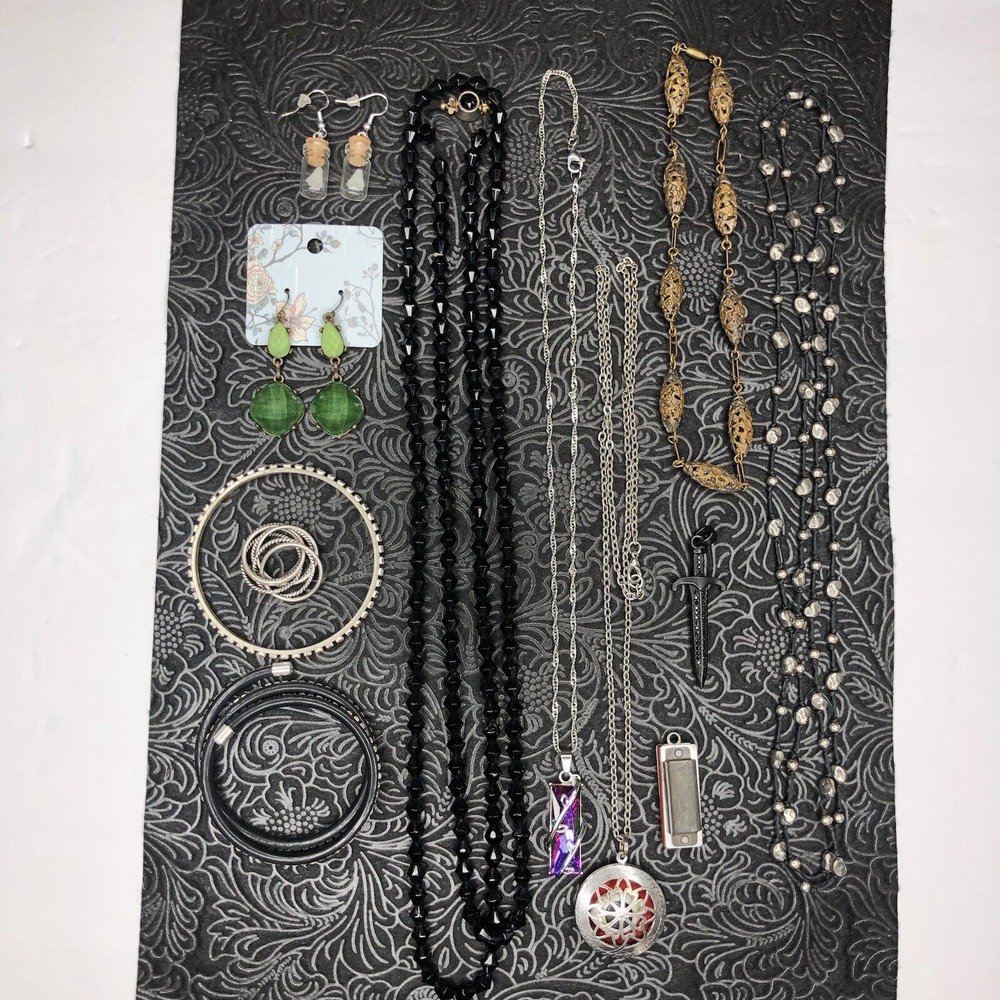 Lot of Various Costume Jewelery Silver Tone Ring Necklace Earring Locket Pendant